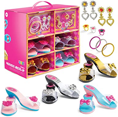 Play22 Princess Girls Dress Up Shoes and Jewelry Boutique 18 Set – 4 Pairs Pretend Play Shoes for Little Girls, 2 Earrings, 2 Bracelets, 2 Rings - Glamorous Princess Dress Up Accessory Set - Original