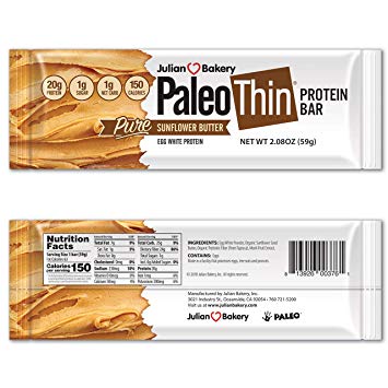 Paleo Thin® Protein Bar (Sunflower Butter) (150 Cal)(20g Protein)(Egg White)(1 Net Carb)(4 Ingredients)(1g Sugar)(10 Bars)