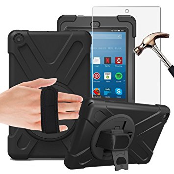 Gzerma Fire HD 8 Case with Screen Protector 2017, 3in1 [Kid Proof] [Shock Proof] Rugged Heavy Duty Defender Protective Cover, Kickstand, Hand Strap for Amazon Fire HD8 Tablet 7th Generation, Black