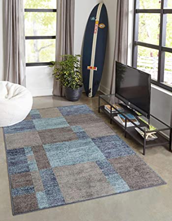 Unique Loom Autumn Collection Warm Toned Contemporary Abstract Checkered Color Block Area Rug (9' 0 x 12' 0 Rectangular, Blue/ Gray)