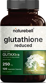 Glutathione Supplement 250mg, 120 Veggie Caps, 4 Months Supply, 98%+ Purity Verified, Bioavailable Form - Reduced Glutathione, GUTAXtra, Third Party Tested, Non-GMO & Gluten Free | by Naturebell