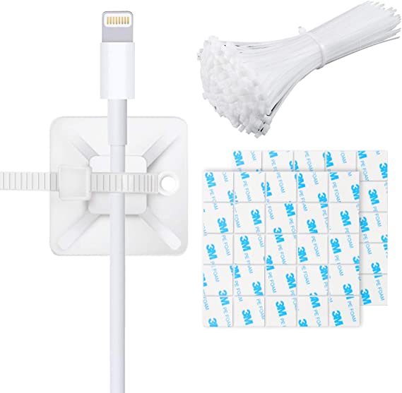 50pcs Cable Zip Ties Heavy Duty Sticky Cable Clips Self Adhesive Wire Cable Clips Premium Plastic Wire Ties with 50 Pounds Tensile Strength (White)