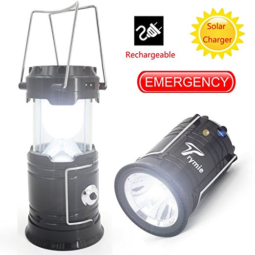 Camping Lantern, Trymie 3 in 1 Portable Solar Rechargeable LED Tent Lantern Lamp Built-in Rechargeable battery Collapsible Handheld Flashlights with USB Power Bank for Fishing, Emergency, Hiking, Indoor or Outdoor (Black)