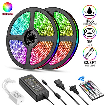 Led Strip Lights, Aiiato32.8ft/10M Led Light Strip 300LEDs SMD 5050 RGB, 12VDC Waterproof Flexible Changing Led Strips Kit 44Key Remote and 5A Adapterfor TV, Room Kitchen