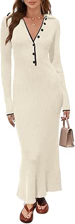 MEROKEETY Women's Long Sleeve V Neck Sweater Dress Button Ribbed Knit Slim Fit Elegant Maxi Dresses