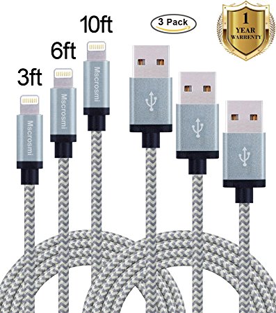 Mscrosmi 3 Pack 3FT 6FT 10FT Nylon Braided Lightning Cable USB Charging Cord with Aluminum Connector for iPhone 6/6s/6 plus/6s plus, 5c/5s/5, iPad Air/Mini/iPod (Gray)