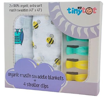 100% Organic Cotton Swaddle Blanket & Stroller Clip Set - Extremely Soft - Use As a Swaddle Receiving Blanket, Nursing Cover or Stroller Cover - Great Baby Shower Gift for Boys or Girls!