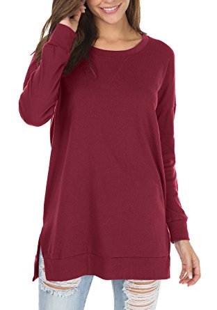 levaca Women's Fall Long Sleeve Side Split Loose Casual Pullover Tunic Tops