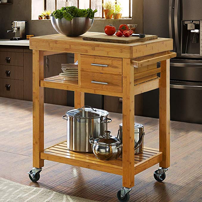 Clevr Rolling Bamboo Wood Kitchen Island Cart Trolley, Cabinet w/Towel Rack Drawer Shelves