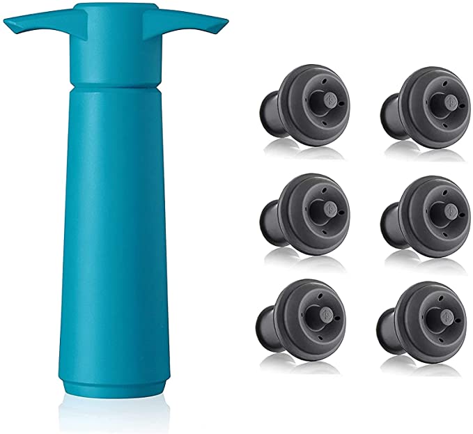 Vacu Vin Blue Pump with Wine Saver stoppers - Keeps wine fresh for up to 10 days (Blue 6 Stoppers)