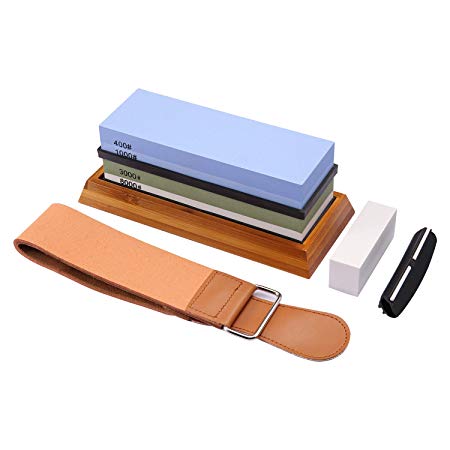 Razorri Solido S2 Complete Sharpening Stone Kit - Includes Double-Sided 400/1000 and 3000/8000 Grit Whetstones, Flattening Stone, Leather Strop, and Angle Guide - Sharpen and Polish All Metal Blades