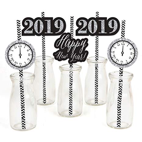 Big Dot of Happiness New Year's Eve - Silver Paper Straw Decor - 2019 New Years Eve Party Striped Decorative Straws - Set of 24