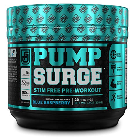 PUMPSURGE Caffeine Free Pump & Nootropic Pre Workout Supplement, Non Stimulant Preworkout Powder & Nitric Oxide Booster for Pumps, Strength, Endurance - 20 Servings, Blue Raspberry