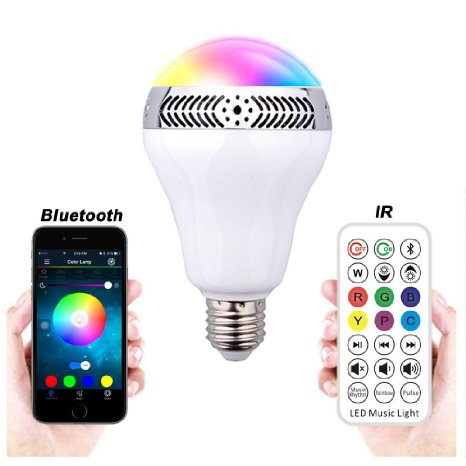 GLiving® Wireless Bluetooth Bulb Speaker Smart RGB and White LED Light Night Bulb Music Player Lighting Lamp with Built-in Bluetooth Mini Speaker Infrared Remote and Smartphone APP Controlled (Type 1)