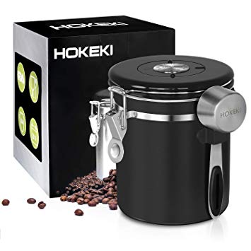 Airtight Coffee Canister, HOKEKI Stainless Steel Container for the Kitchen, Coffee Ground Vault Jar With One Way Co2 Valve And Scoop, Tea Coffee Sugar, Extra Coffee Spoon, 16 oz (Black)