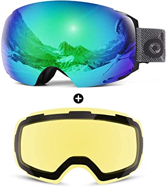 Odoland OTG Ski Goggles Set with Detachable Lens, Frameless Interchangeable Magnetic Lens for Skiing Skating Snowboard, Anti-Fog and 100% UV Protection Snow Goggles for Men and Women