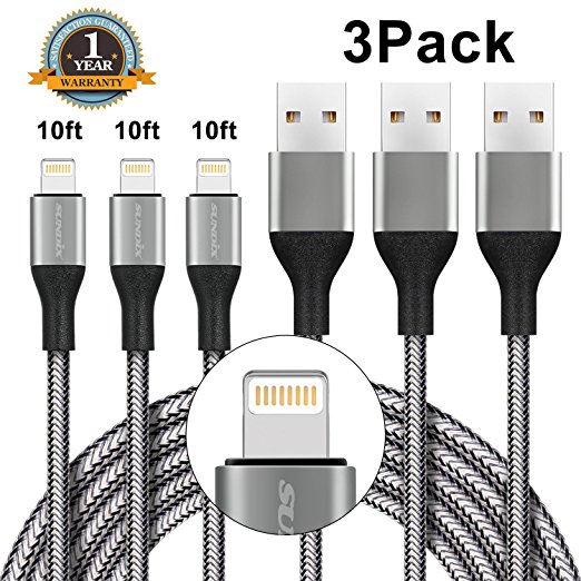 Lightning Cable, Sundix 3Pack 10FT Nylon Braided Sync iPhone Charger Cord Compatible with iPhone 7/7 plus/iPhone 6/6s/6 plus/6s plus,/5c/5s/5/ SE/iPad /iPod Nano 7 - Black&White