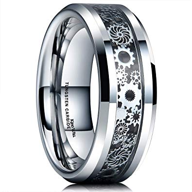 King Will Gentleman Mens 8mm Tungsten Carbide Ring Silver/Gold Gearwheel Black Carbon Fiber Inlay Wedding Band
