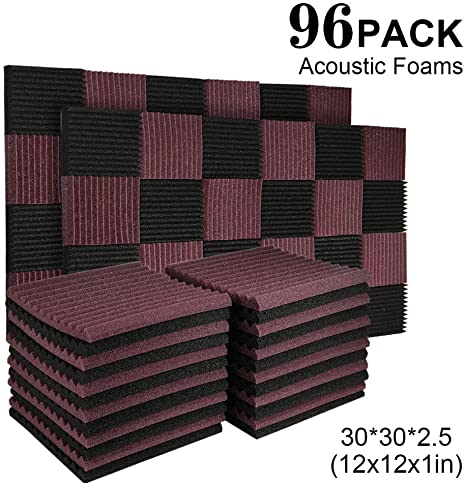 96 Pack Acoustic Panels Soundproof Studio Foam for Walls Sound Absorbing Panels Sound Insulation Panels Wedge for Home Studio Ceiling, 1" X 12" X 12", Black (96PACK, Black&Coffee)