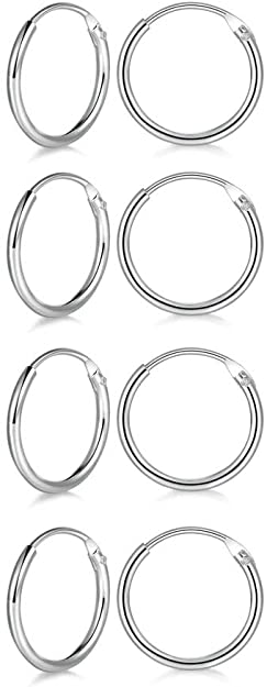 4 Pairs Sterling Silver Cartilage Small Hoop Earrings Set Hypoallergenic 14K White Gold Plated Endless Helix Tragus Earrings Nose Lip Rings, 8mm 10mm 12mm 14mm