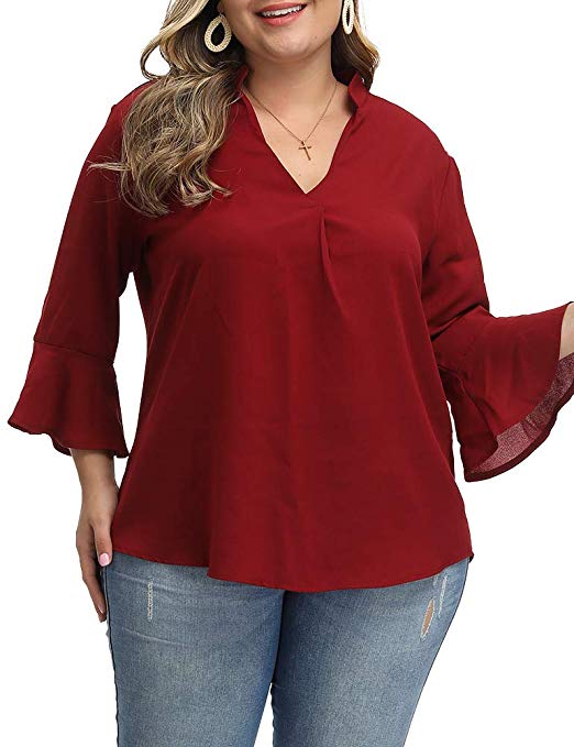 Allegrace Women's Casual Plus Size Blouses Long Sleeve Dressy Shirt Loose Pleated V Neck Tops