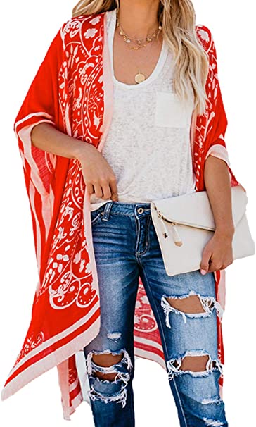 Dokotoo Womens Fashion Print Kimono Tassel Casual Cardigan Loose Cover up