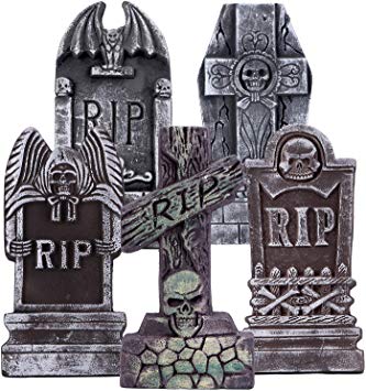 AYOGU1 17” Halloween Foam RIP Graveyard Tombstones (Pack of 5)-Lightweight RIP Tombstone with 8 Metal Stakes for Halloween Decorations