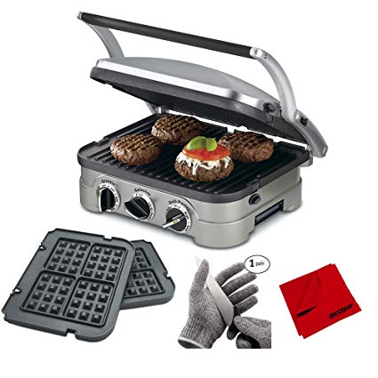 Cuisinart GR-4NW Multifunctional Griddler w/Waffle Plates, Grill & Panini Press Bundle with Food Grade Kitchen Safety Cut Resistant Stretch Fit Gloves and Microfiber Cleaning Cloth