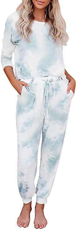 Azokoe Women Tie Dye Printed Pajamas Set Crewneck Long Sleeve Tee and Jogger Pants PJ Set Loungewear Nightwear Sleepwear