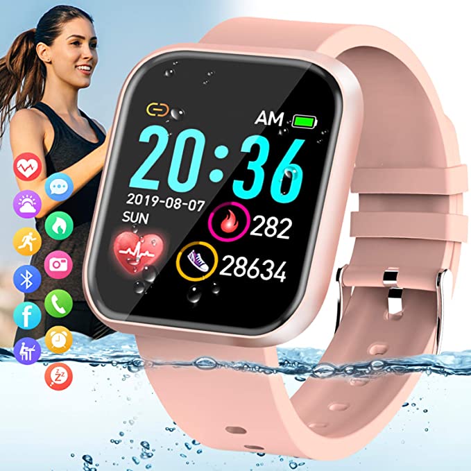 Pradory Smart Watch, Fitness Watch Activity Tracker with Blood Pressure Heart Rate Monitor IP67 Waterproof Bluetooth Smartwatch Touch Screen Sports Tracker Watch for iOS Phones Android Men Women Pink