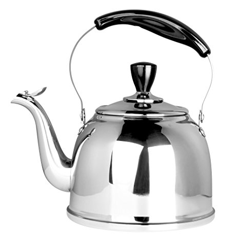 Stainless Steel Whistling Tea Kettle Stove Top Teapot Pot with Bakelite Handle, Mirror Finish, 2.6 Quart, Silver Tone