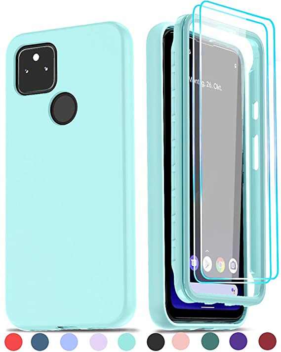 LeYi for Pixel 5A Case, Google Pixel 5A Case with [2 x Tempered Glass Screen Protector] for Women, Full-Body Shockproof Soft Liquid Silicone Hybrid Protective Phone Cover Case for Pixel 5A 5G, Mint