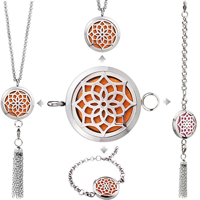 Besttern Multifunctional Aromatherapy Essential Oil Diffuser Necklace & Locket Bracelet,Stainless Steel Pendant with Dangle   8Pads