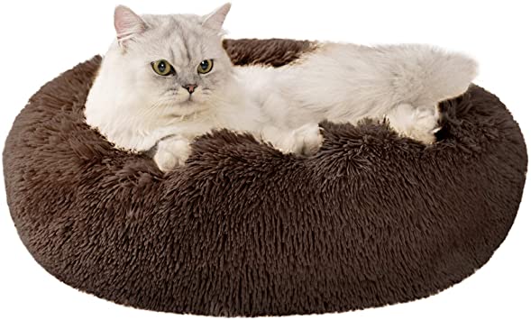 Love's cabin 20in Cat Beds for Indoor Cats - Cat Bed with Machine Washable, Waterproof Bottom - Chocolate Fluffy Dog and Cat Calming Cushion Bed for Joint-Relief and Sleep Improvement