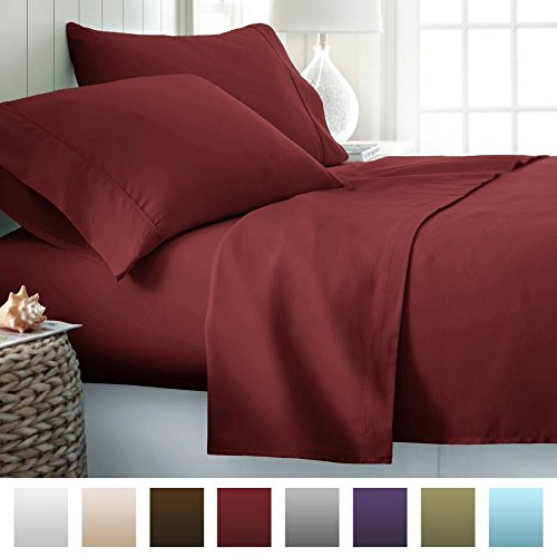 ienjoy Home Hotel Collection Luxury Soft Brushed Bed Sheet Set, Hypoallergenic, Deep Pocket, Queen, Burgundy