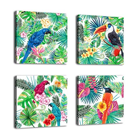 Canvas Art Birds Painting Prints Wall Art Parrot Toucan in Tropical Jungle Framed Ready to Hang - 20" x 20" x 4 Pieces Modern Artwork Canvas Pictures for Home Decoration