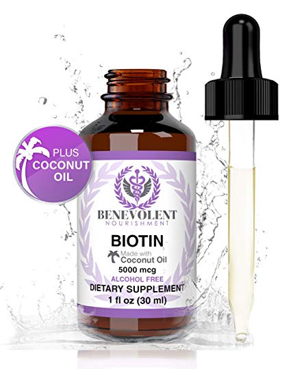 Benevolent Liquid Biotin 5000 mcg - Infused with Coconut Oil for 5X Absorption, Non-GMO & Vegan Friendly Biotin for Hair Growth Glowing Skin and Strong Nails, Hair Growth Products, Biotin Supplement