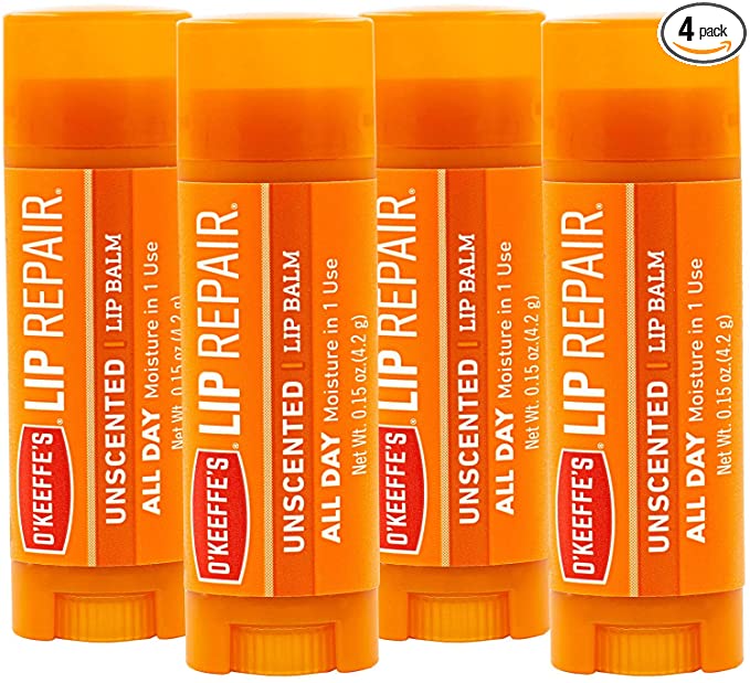 O'Keeffe's Unscented Lip Repair Lip Balm for Dry, Cracked Lips, Stick, (Pack of 4)