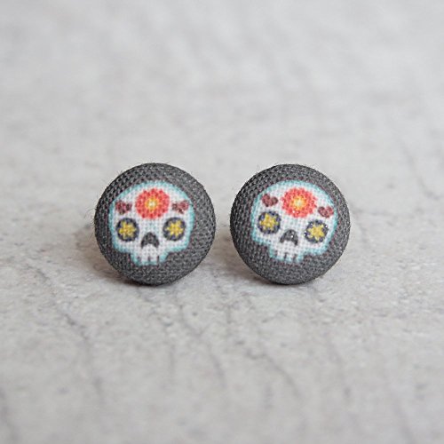 Sugar Skull Fabric Button Earrings