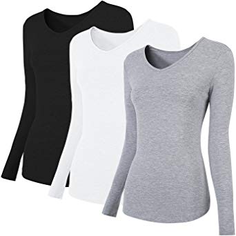 MONYRAY Women’s Comfort Long Sleeve T-Shirt V Neck/Underscrub Tee(1/3 Pack)