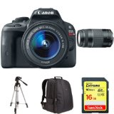 Canon EOS Rebel SL1 Digital SLR with 18-55mm STM  75-300mm f4-56 III Lens Bundle Black  Memory Card and Tripod