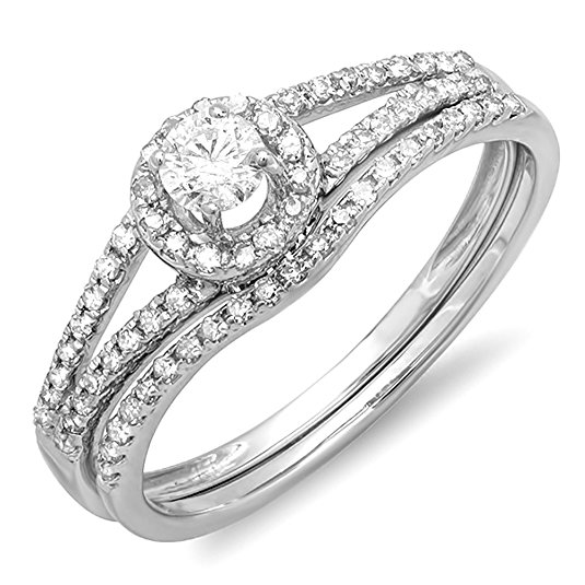 0.45 Carat (ctw) 14k Gold Round Diamond Ladies Bridal Halo Engagement Ring With Wedding Band Set 1/2 CT
