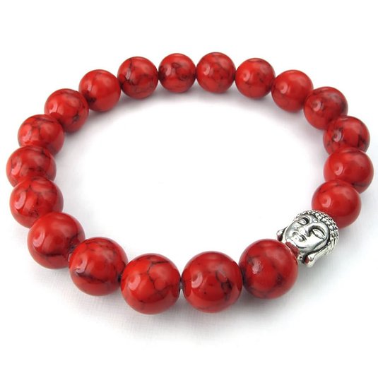 KONOV 10-12mm Natural Energy Stone Beads Gemstone Mens Womens Bracelet, Buddha Mala, Red Silver