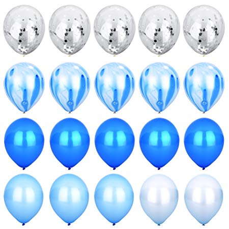 Blue & Silver Confetti Balloons Agate Marble Stripe Assorted Colors Party Balloon [12 Inch, Pack of 20] Metallic Latex Balloons for Baby Shower Birthday Wedding NYE Party Decoration Supply - Blue Set
