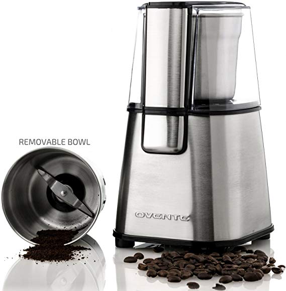 Ovente CG620S Multi-Purpose Stainless Steel Electric Grinder for Coffee Beans and Most Spices, Seeds, Nuts, Grains, Etc. with Removable Grinding Bowl