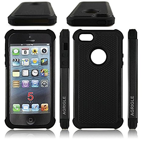 AGRIGLE AB669655 Shock- Absorption / High Impact Resistant Hybrid Dual Layer Armor Defender Full Body Protective Cover Case For iPhone 5/5S/SE (Black-Black)