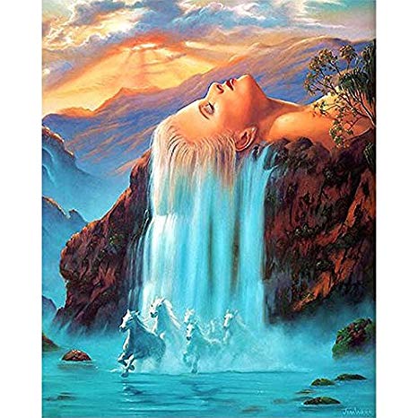 Paint by Numbers for Adults, DIY Acrylic Oil Painting for Nature Countryside Landscape Kits, Romantic Waterfall Goddess Pattern 16x20inch