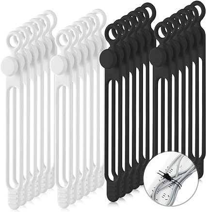 40 Pcs Silicone Cable Ties Reusable Holder Strap Cord Ties Adjustable Cable Straps Multipurpose Charging Cable Organizer for Fastening Cable Charging Cords Wires (Black, White, 7.1 Inch)
