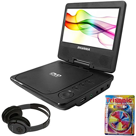 Sylvania Portable DVD Player 7" Swivel Screen Black (SDVD7027)   Bluetooth Bundle with Wireless Headphones