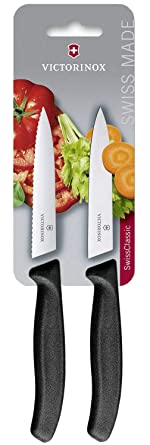 Victorinox Swiss Classic Gemüsemesser Set 2-teilig, Klingenlänge 10 cm, grader Schliff, wellen Schliff, spülmaschinengeeignet, schwarz